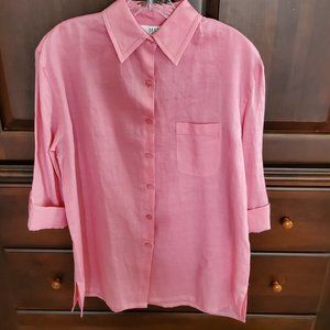 Allison Taylor Pink Linen Button Front Shirt Jacket w/ Roll Tab Sleeves Size S